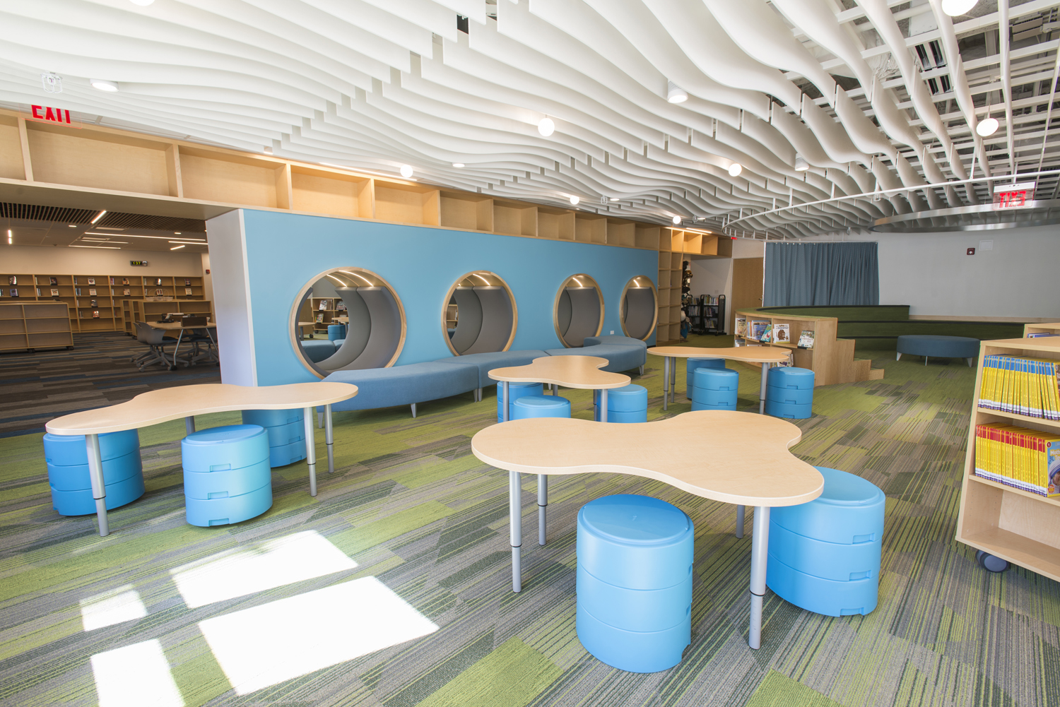 Student collaboration and study area at NSCD, Library and Science Center.