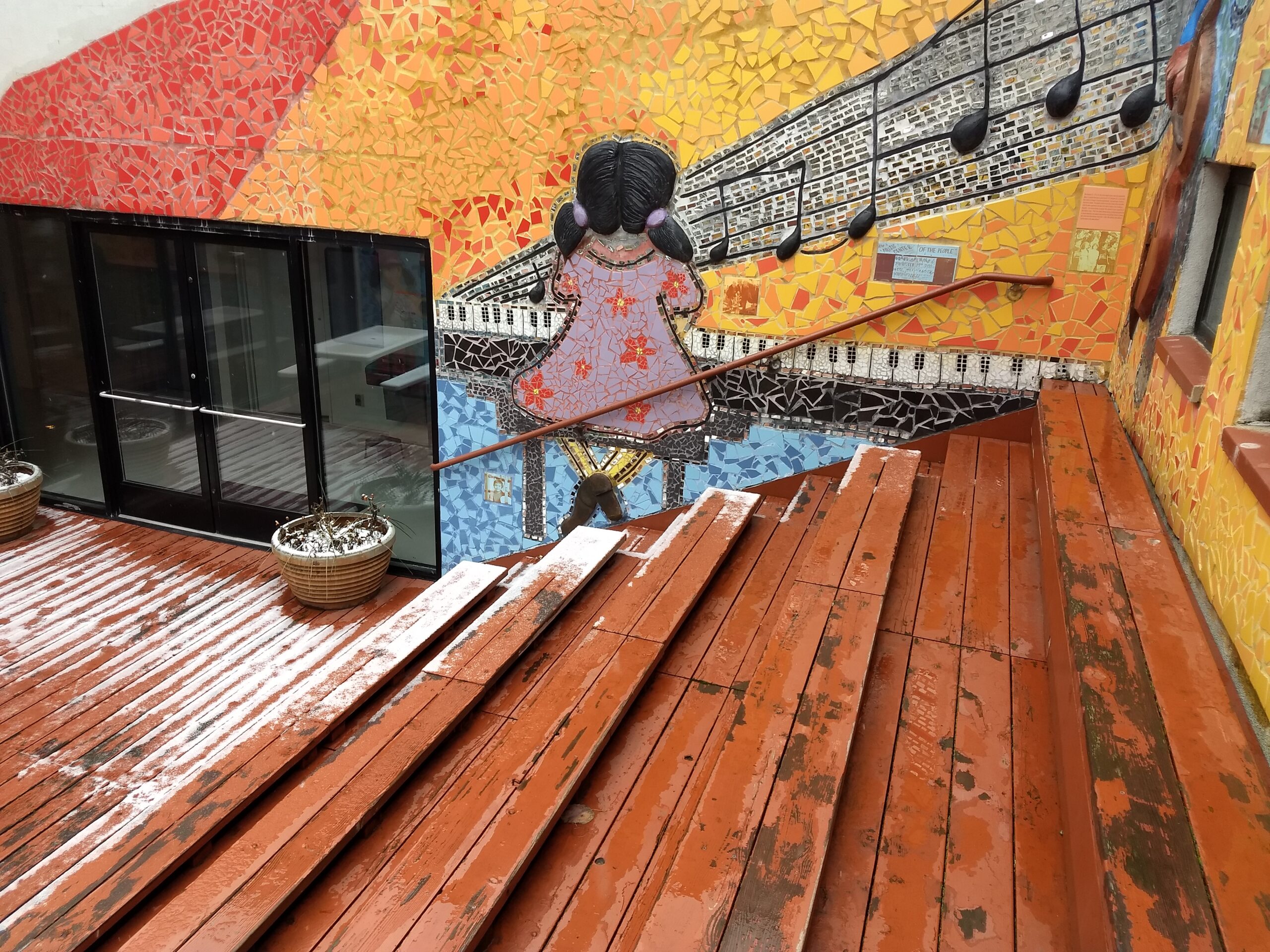 Exterior stairs, painted displays, People's Music School.