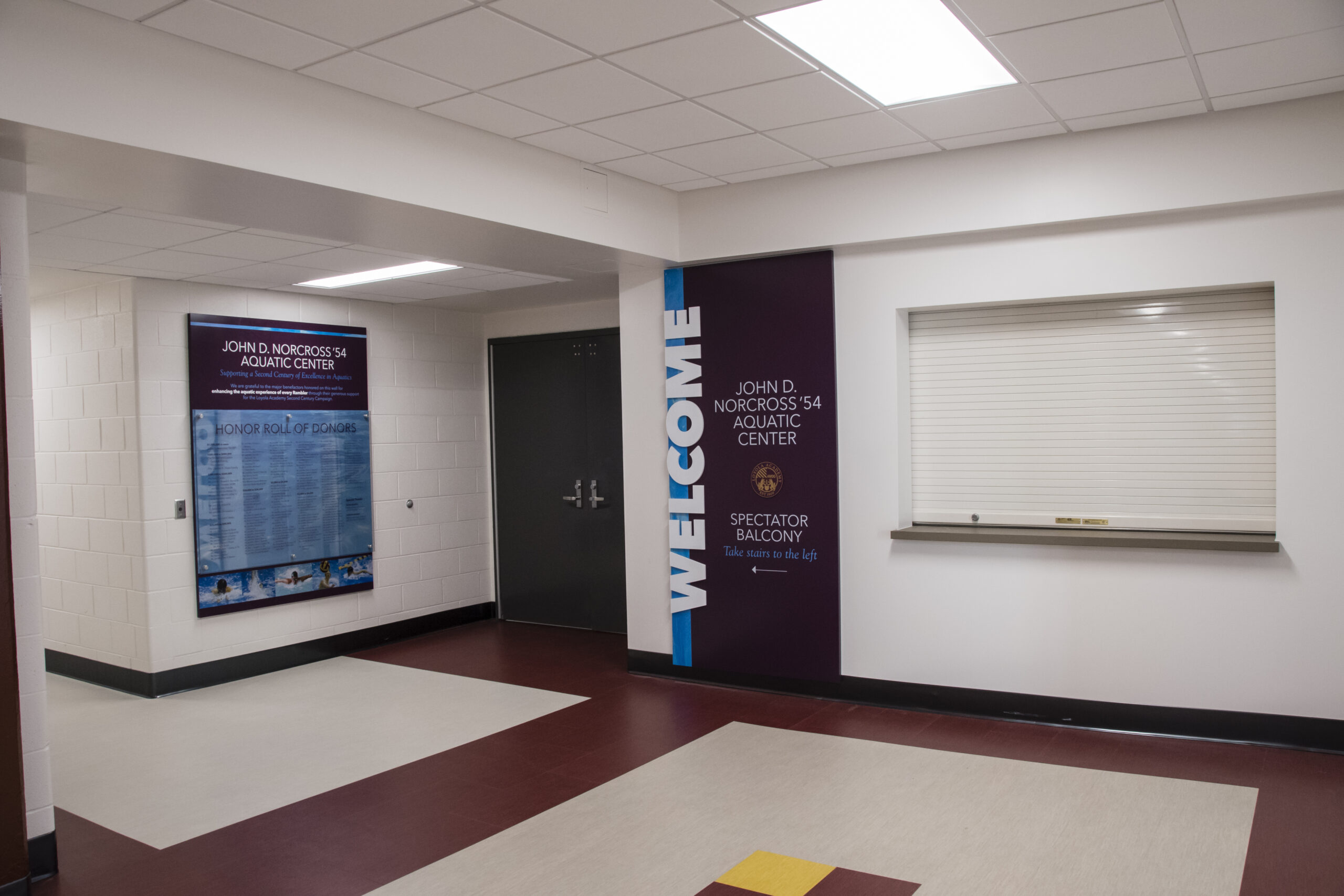 Interior hallway of Loyola Academy Aquatic Center.