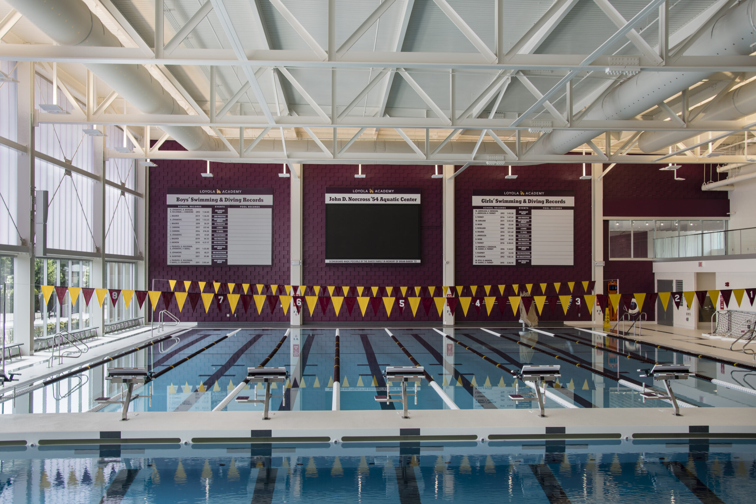 Interior pool view, Loyola Academy Aquatic Center.