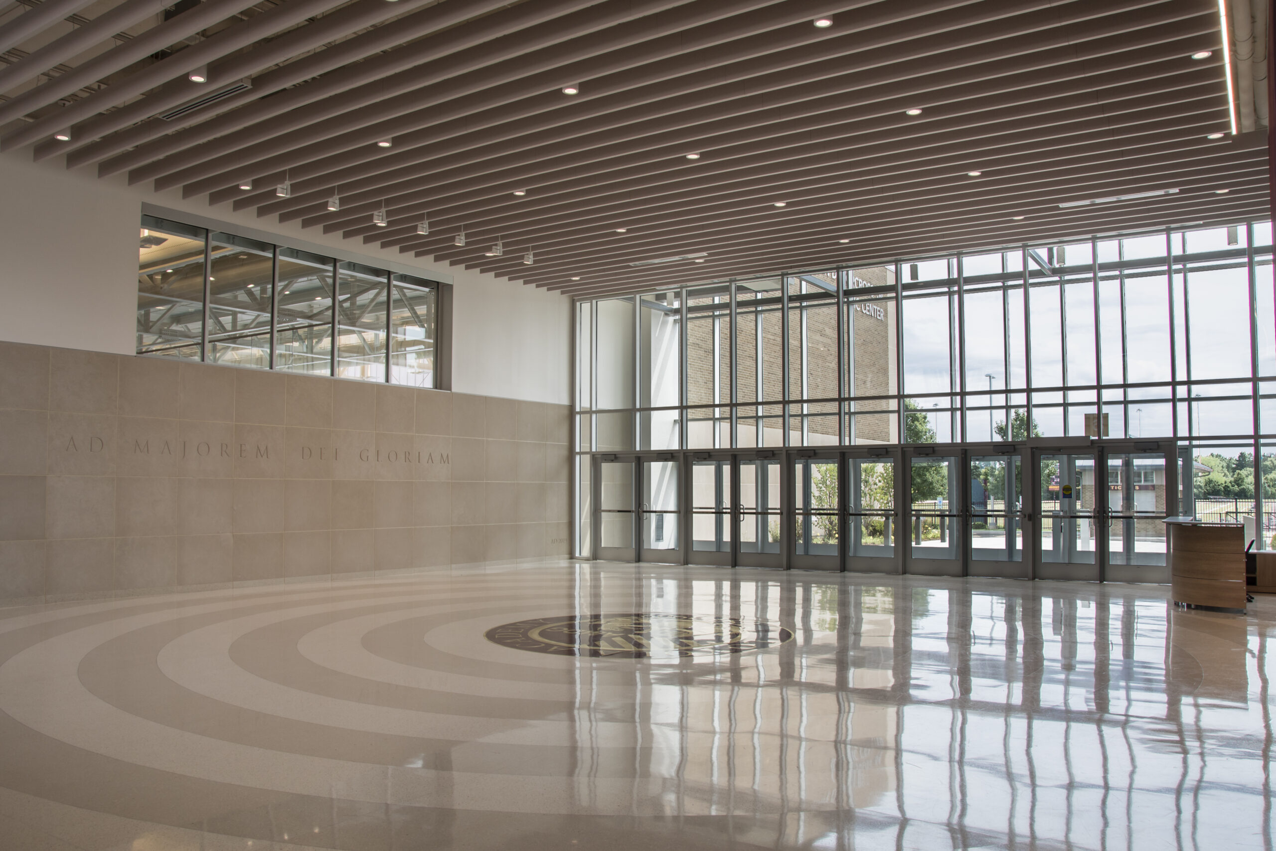 Entrance view, Loyola Academy Aquatic Center.