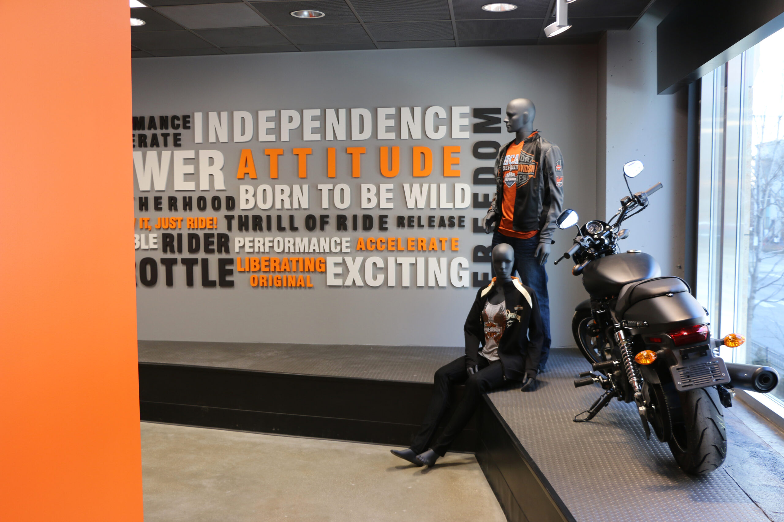 Wall graphics and branding at Harley Davidson.